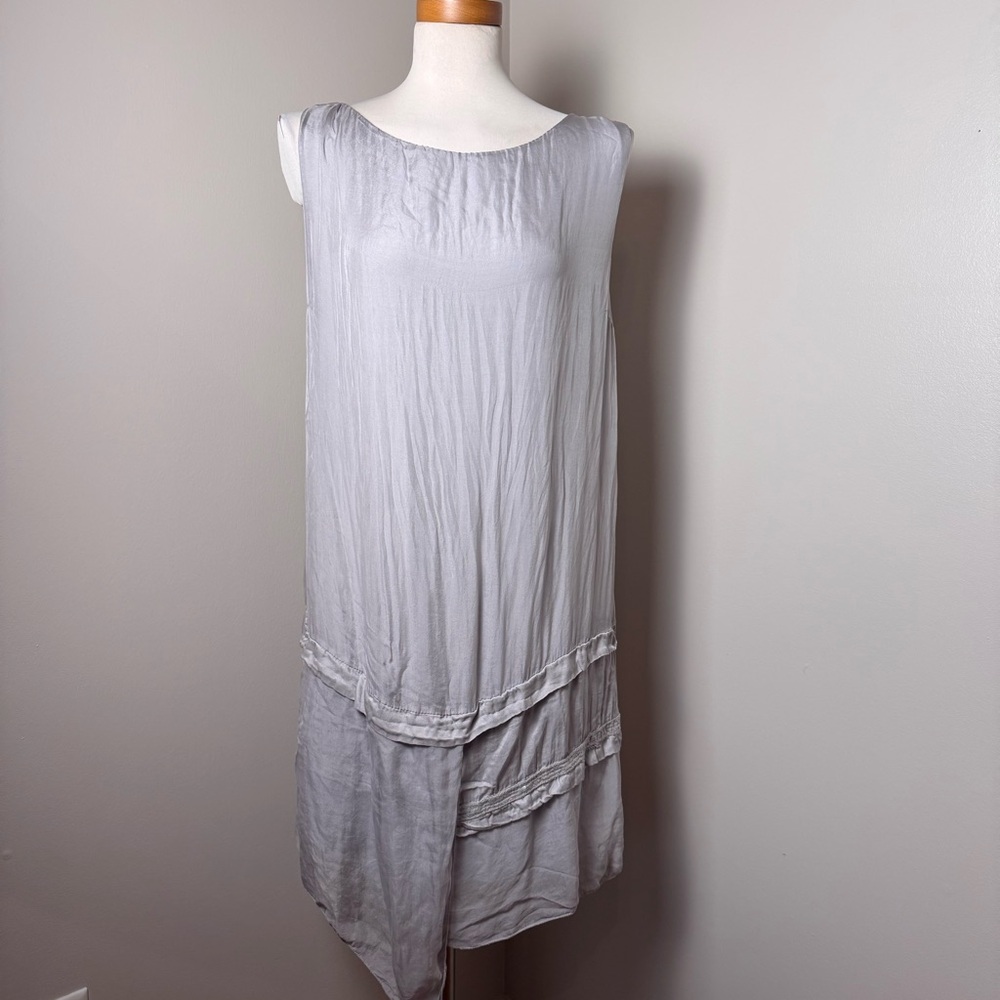 H TREND Made in Italy 100% Silk Asymmetrical Drop Waist Mini Dress GRAY / LARGE